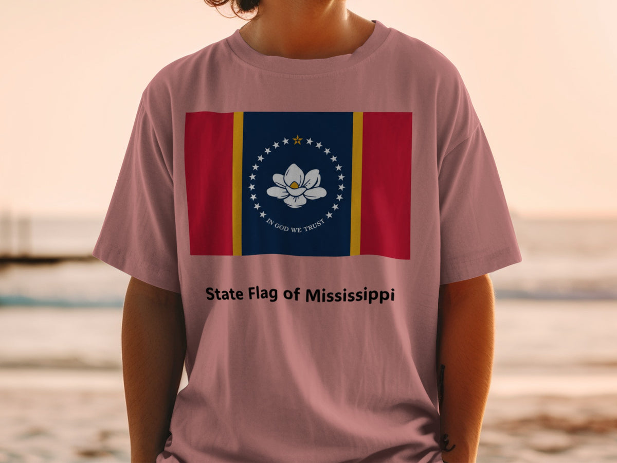 T-shirt with the State Flag of Mississippi, featuring a magnolia and "In God We Trust".