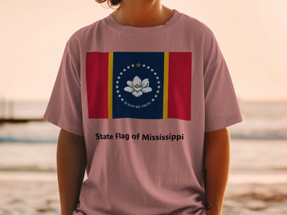 T-shirt with the State Flag of Mississippi, featuring a magnolia and "In God We Trust".