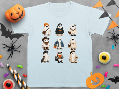 Light blue t-shirt with a grid of nine cartoon ghosts in Halloween costumes.