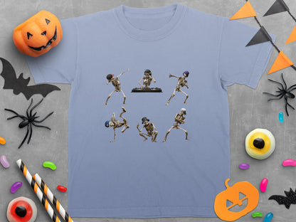 T-shirt with six dancing skeletons and Halloween decorations.
