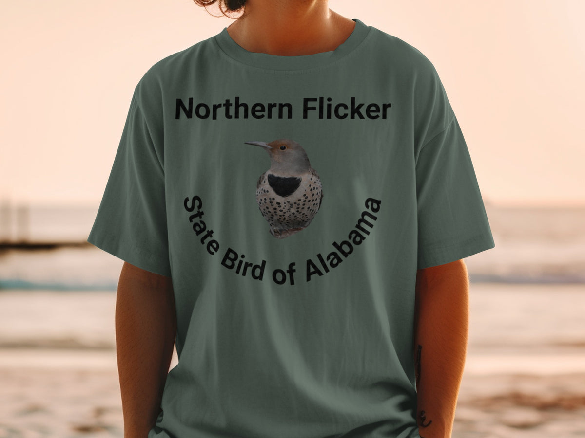 Green t-shirt with Northern Flicker and "State Bird of Alabama" text.