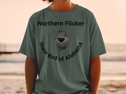 Green t-shirt with Northern Flicker and "State Bird of Alabama" text.