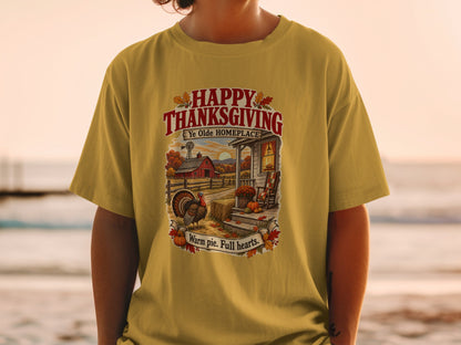 Thanksgiving farm scene with turkey and pumpkins, text says "Happy Thanksgiving Ye Olde Homeplace Warm pie. Full hearts."