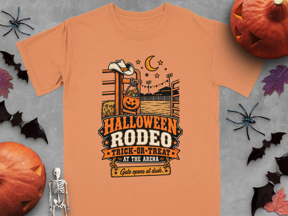Halloween Rodeo Trick-or-Treat at the Arena graphic on orange t-shirt.