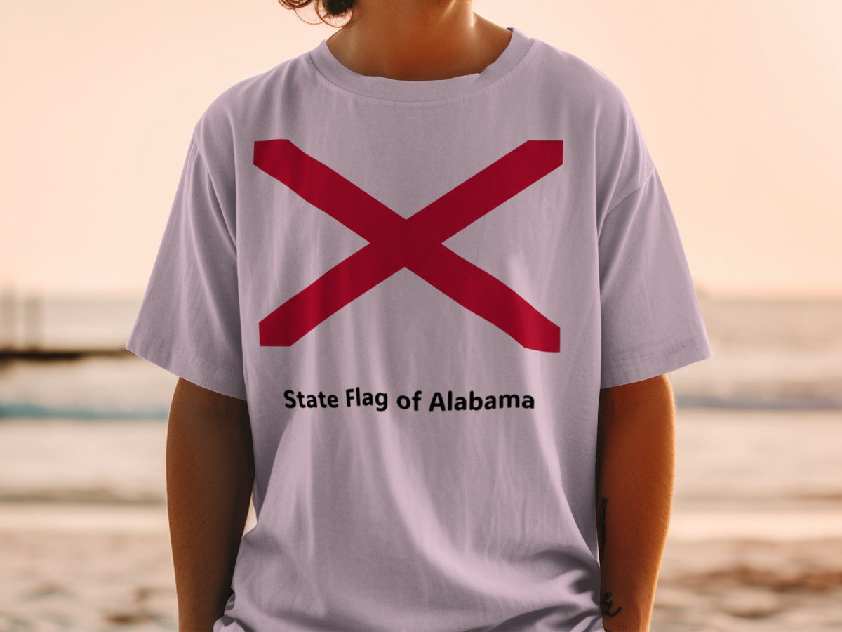 T-shirt with the State Flag of Alabama design and text.