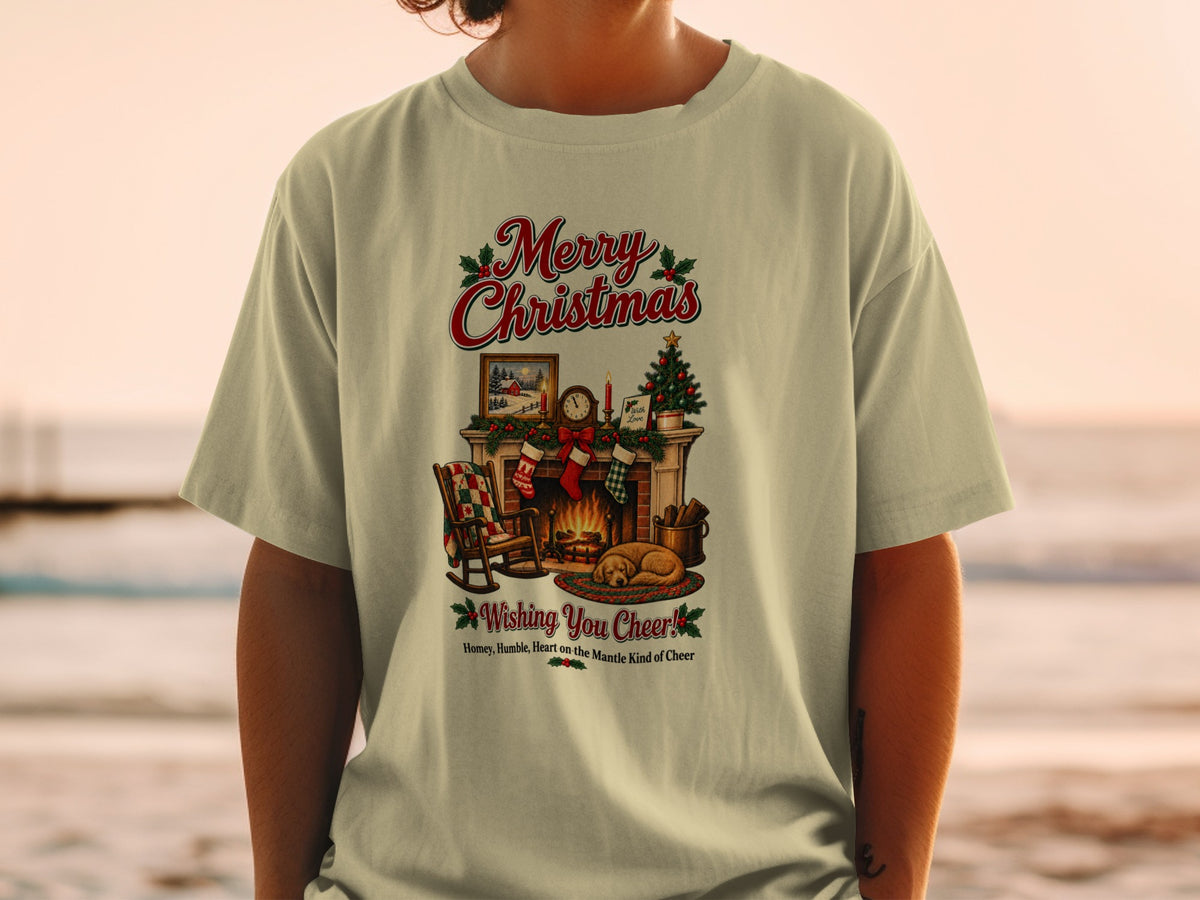 Merry Christmas graphic with fireplace, tree, dog, and text "Wishing You Cheer!".