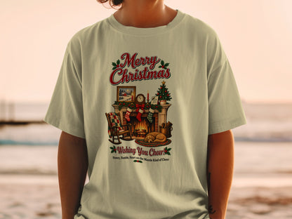 Merry Christmas graphic with fireplace, tree, dog, and text "Wishing You Cheer!".