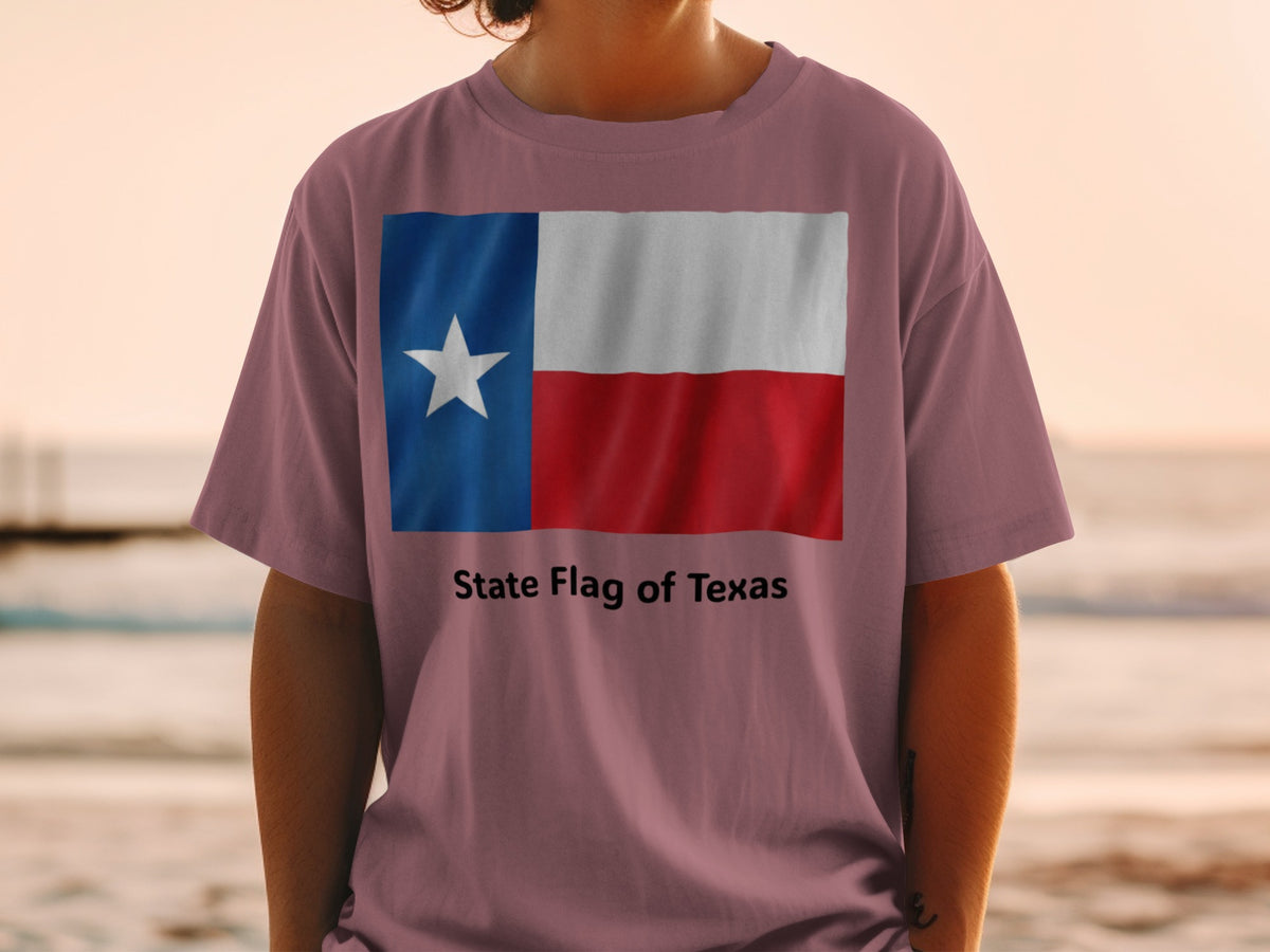 T-shirt featuring the Texas state flag and the words "State Flag of Texas."