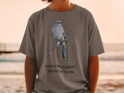 T-shirt with Northern Mockingbird, State Bird of Florida graphic.