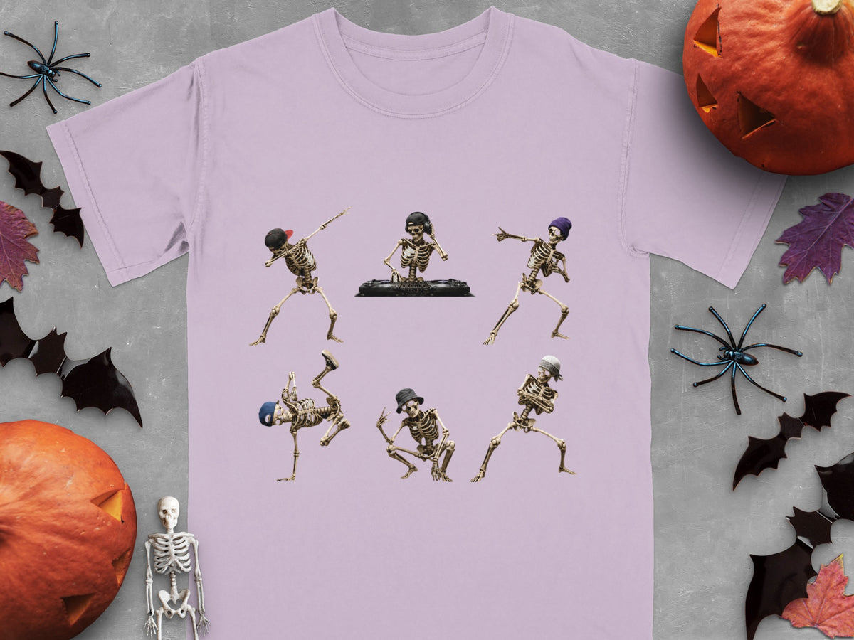Purple t-shirt with dancing skeletons, a DJ skeleton, and Halloween decorations.
