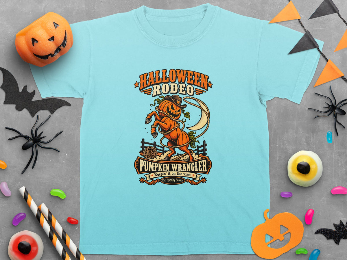 Light blue t-shirt with "Halloween Rodeo Pumpkin Wrangler" graphic and Halloween decorations.
