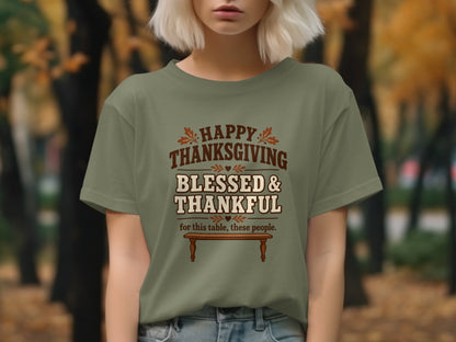 Olive green t-shirt with "Happy Thanksgiving Blessed & Thankful" text and table graphic.