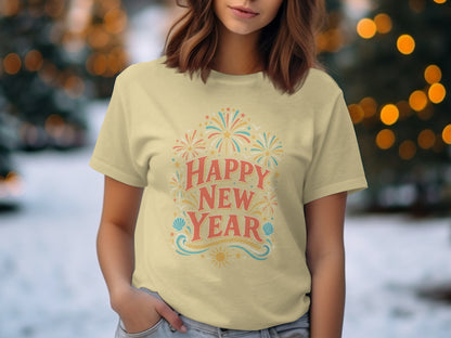 Light yellow t-shirt with "Happy New Year" text and fireworks graphic.