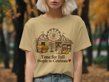 T-shirt with fall fair graphic and text "Time for Fall People to Celebrate".
