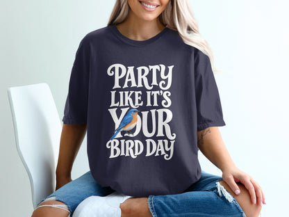 Navy t-shirt with white text "PARTY LIKE IT'S YOUR BIRD DAY" and a blue bird.