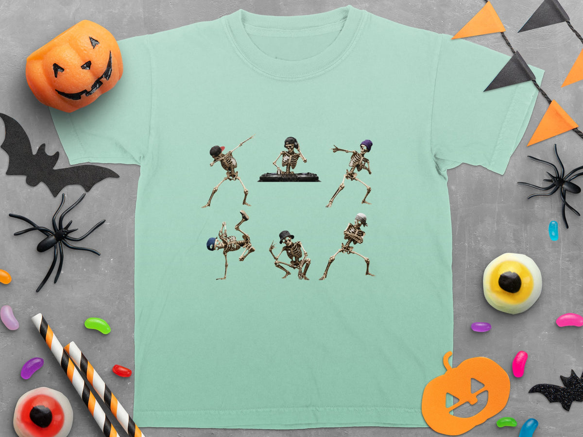 Light blue t-shirt with graphic of six dancing skeletons in various poses.
