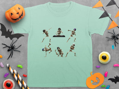 Light blue t-shirt with graphic of six dancing skeletons in various poses.
