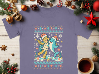 Ugly Christmas sweater design with a turtle and dolphin wearing Santa hats.