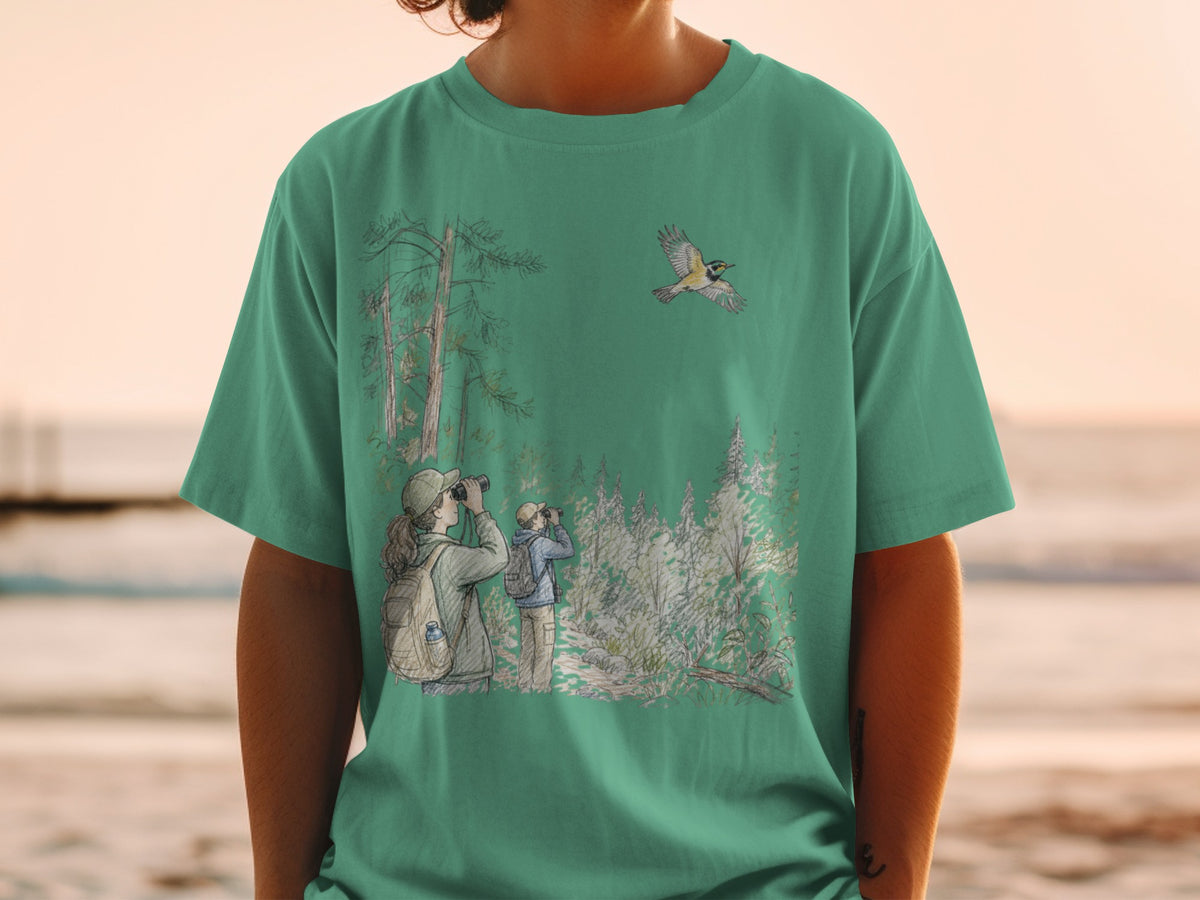 Two people birdwatching in a forest with a bird flying above.