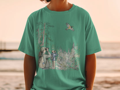 Two people birdwatching in a forest with a bird flying above.