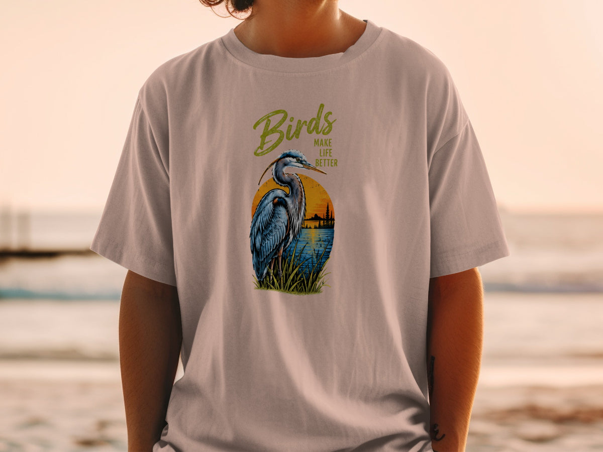 T-shirt with a blue heron graphic and text "Birds Make Life Better".