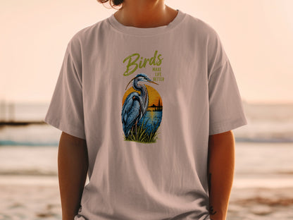 T-shirt with a blue heron graphic and text "Birds Make Life Better".