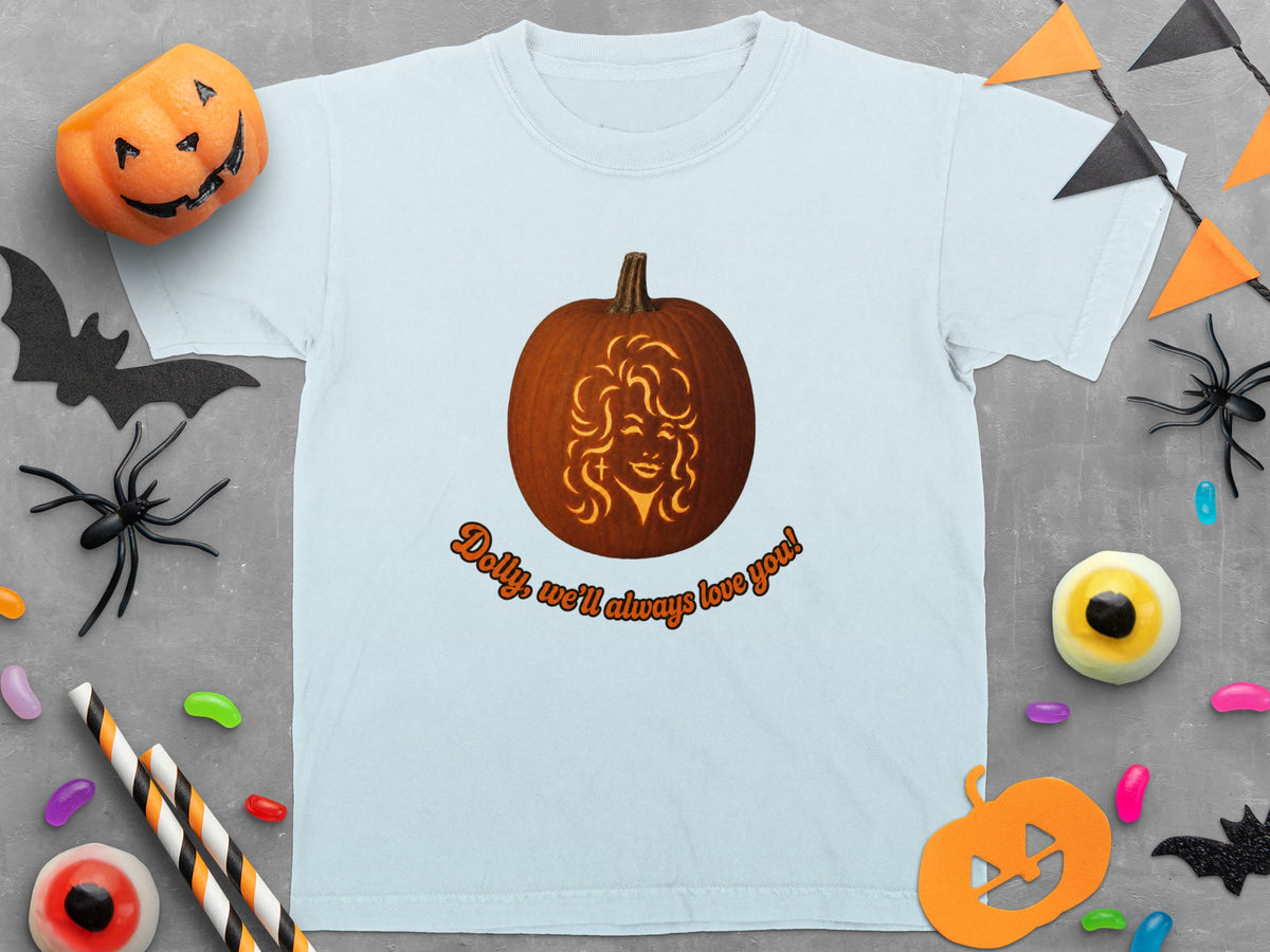 Light blue t-shirt with a jack-o-lantern design of Dolly Parton and text.