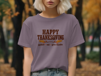 Purple t-shirt with "Happy Thanksgiving" text and wheat graphic.