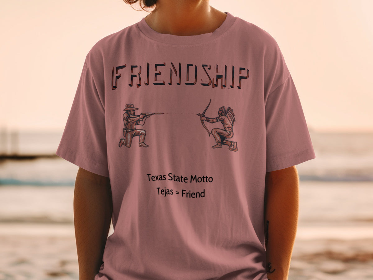 T-shirt with "FRIENDSHIP" text, cowboy and Native American figures, and Texas motto.