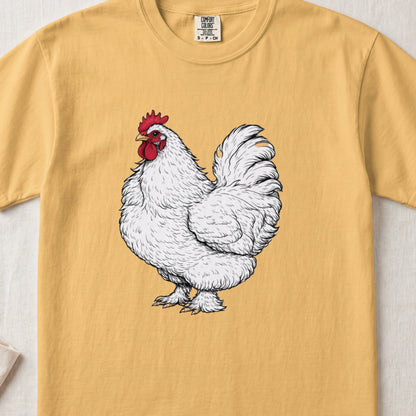Gold t-shirt featuring a detailed illustration of a white rooster centered on the chest.