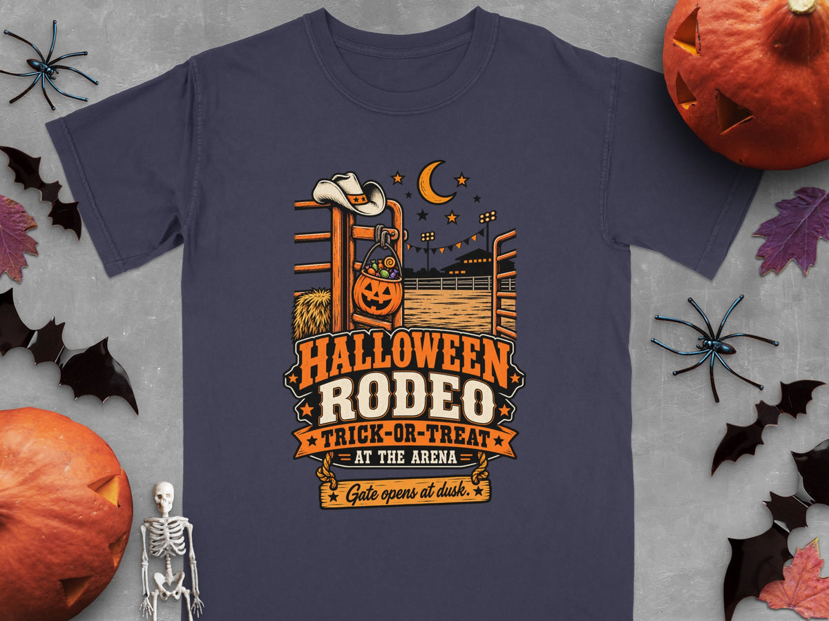 Halloween Rodeo trick-or-treat design on navy t-shirt with rodeo gate and pumpkins.