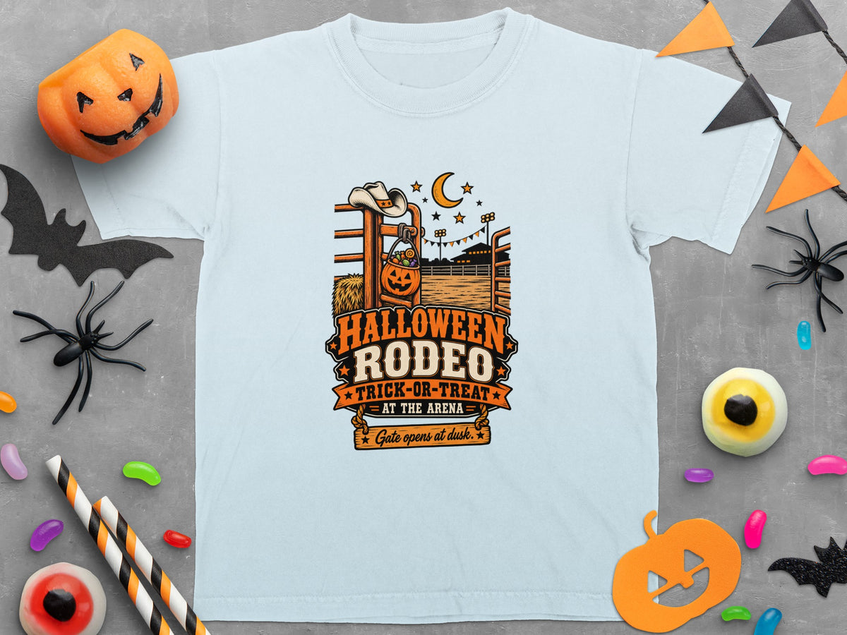 T-shirt with Halloween Rodeo graphic featuring a pumpkin, cowboy hat, and text.