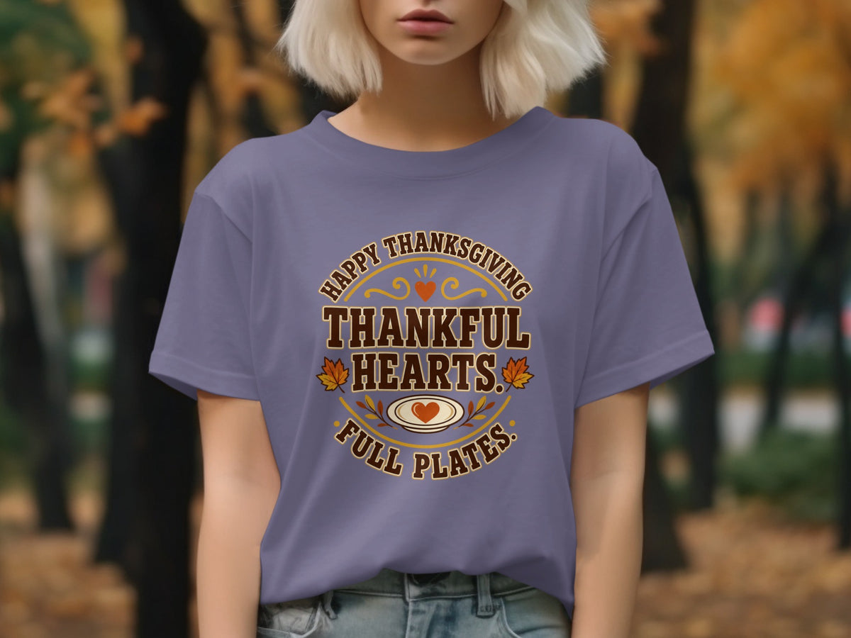 Purple t-shirt with "Happy Thanksgiving Thankful Hearts Full Plates" text design.