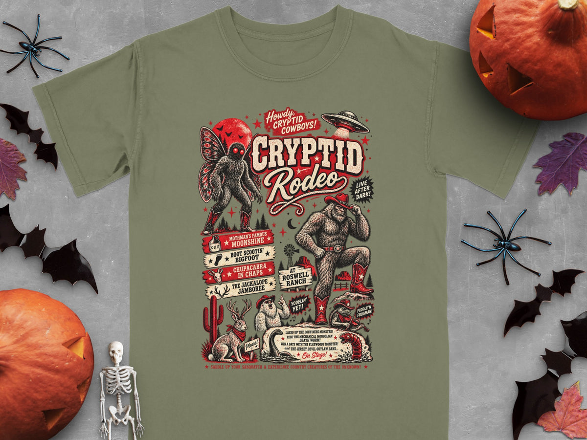 Green t-shirt with Cryptid Rodeo graphic featuring Bigfoot, Mothman, Chupacabra, Jackalope, and more.