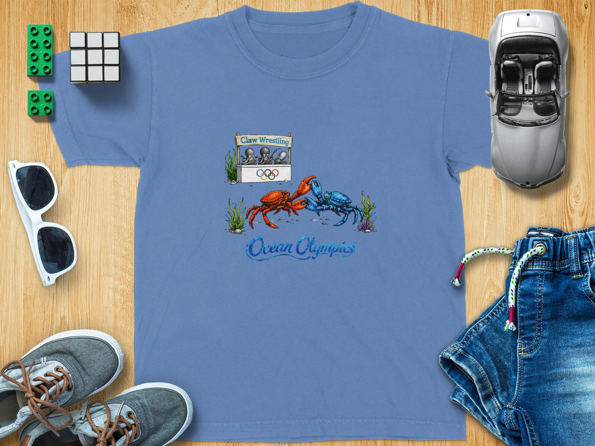 T-shirt with "Claw Wrestling Ocean Olympics" graphic featuring fighting crabs.