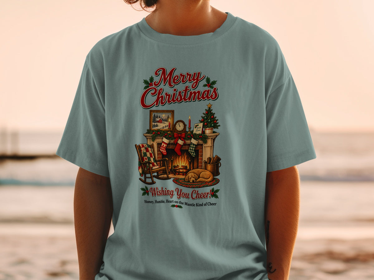 Merry Christmas t-shirt with fireplace, rocking chair, dog, and text.