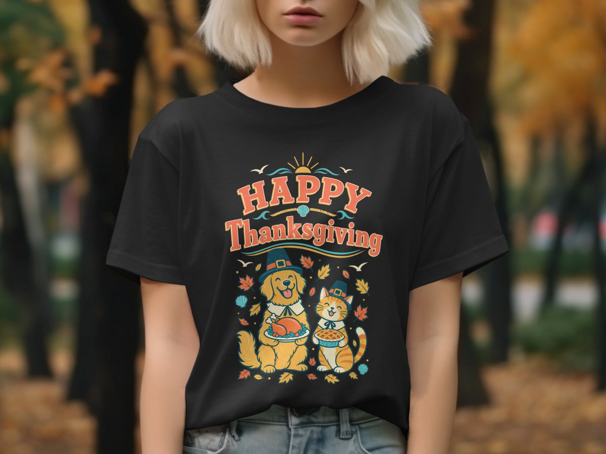 Black t-shirt with a dog holding a turkey and cat holding pie.