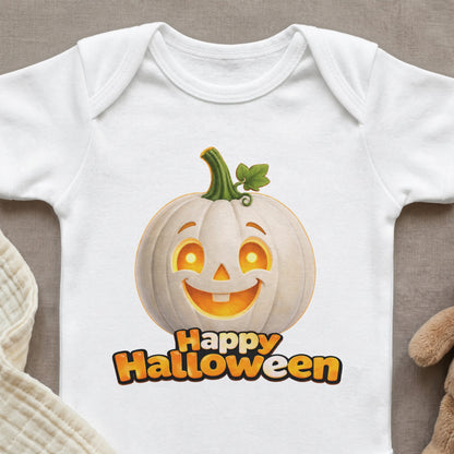 White baby onesie with smiling pumpkin and "Happy Halloween" text.
