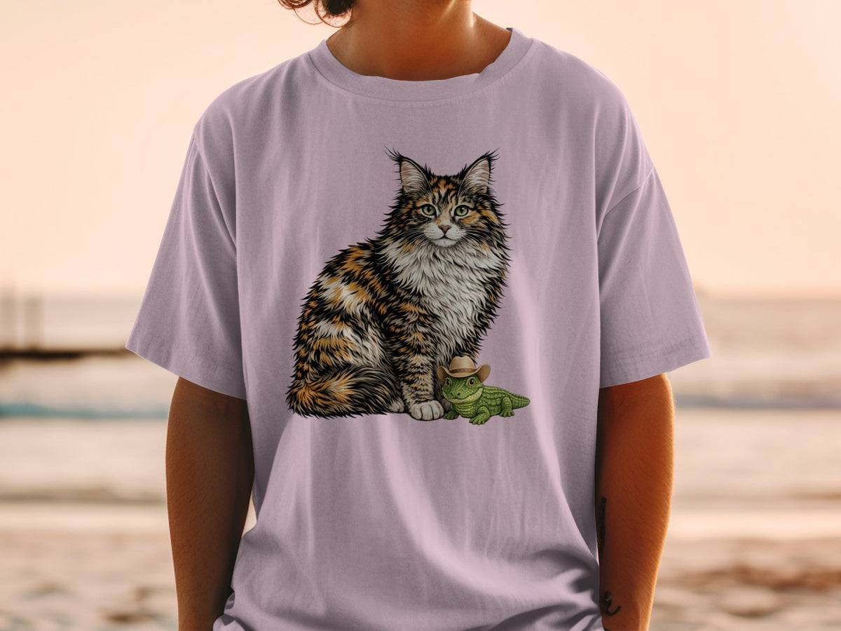 A light purple t-shirt featuring an illustration of a fluffy cat sitting next to a tiny alligator wearing a cowboy hat.