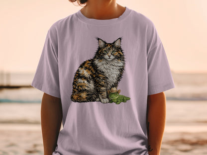 A light purple t-shirt featuring an illustration of a fluffy cat sitting next to a tiny alligator wearing a cowboy hat.