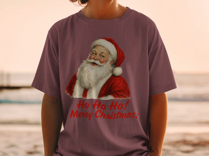 Maroon t-shirt with Santa Claus graphic and text "Ho Ho Ho! Merry Christmas!".