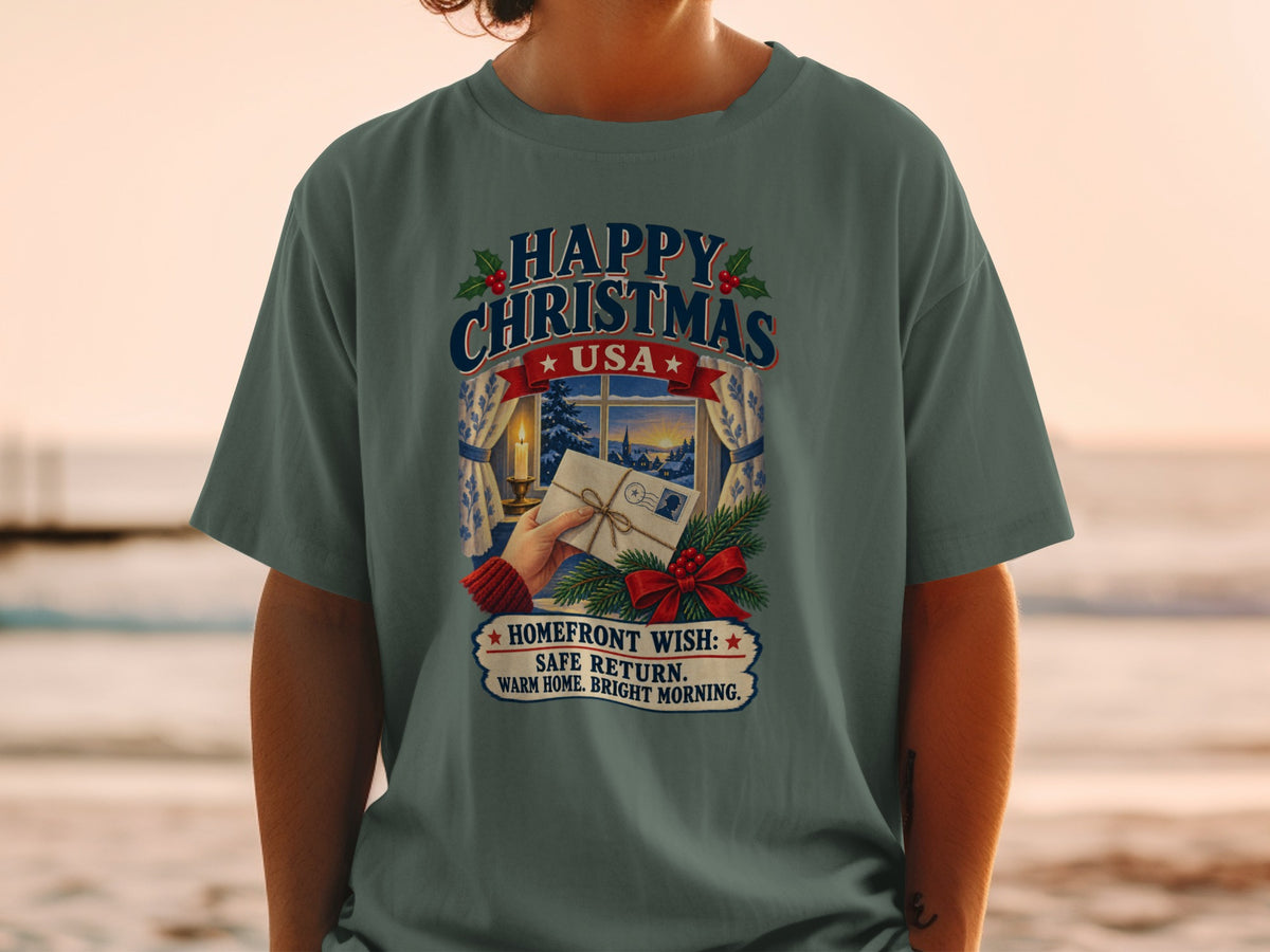 Happy Christmas USA graphic with text and a winter scene.