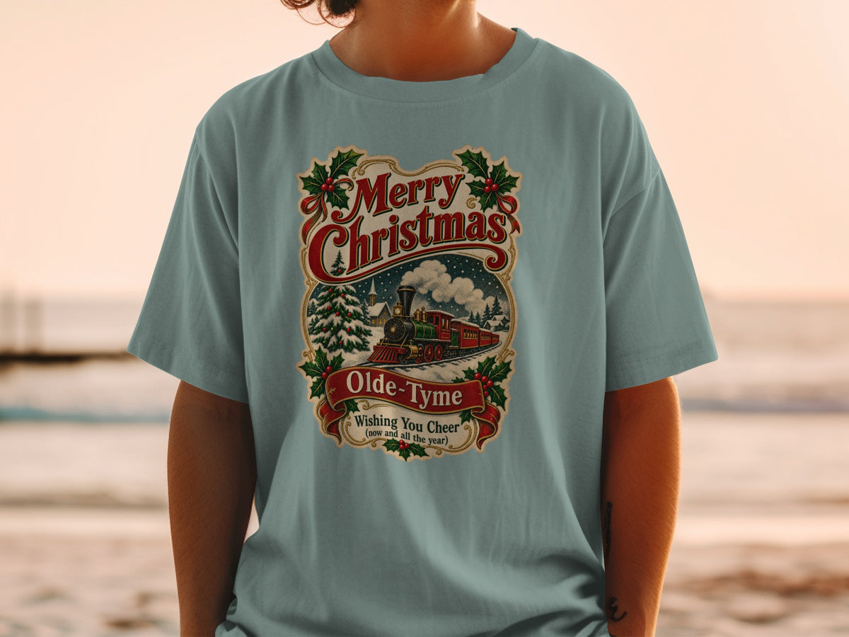 T-shirt with vintage Christmas train graphic and "Merry Christmas Olde-Tyme Wishing You Cheer" text.