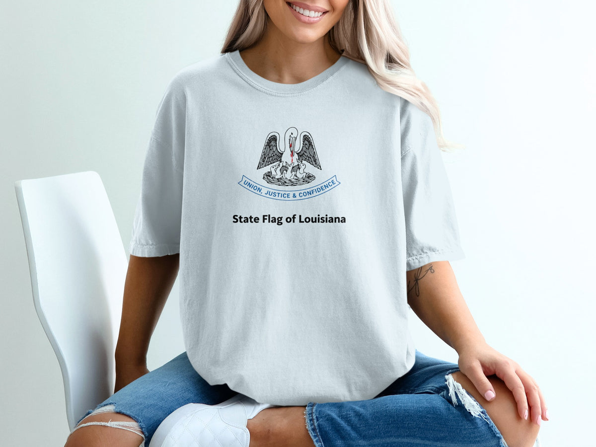 Light blue t-shirt with Louisiana state flag and motto "Union, Justice & Confidence".