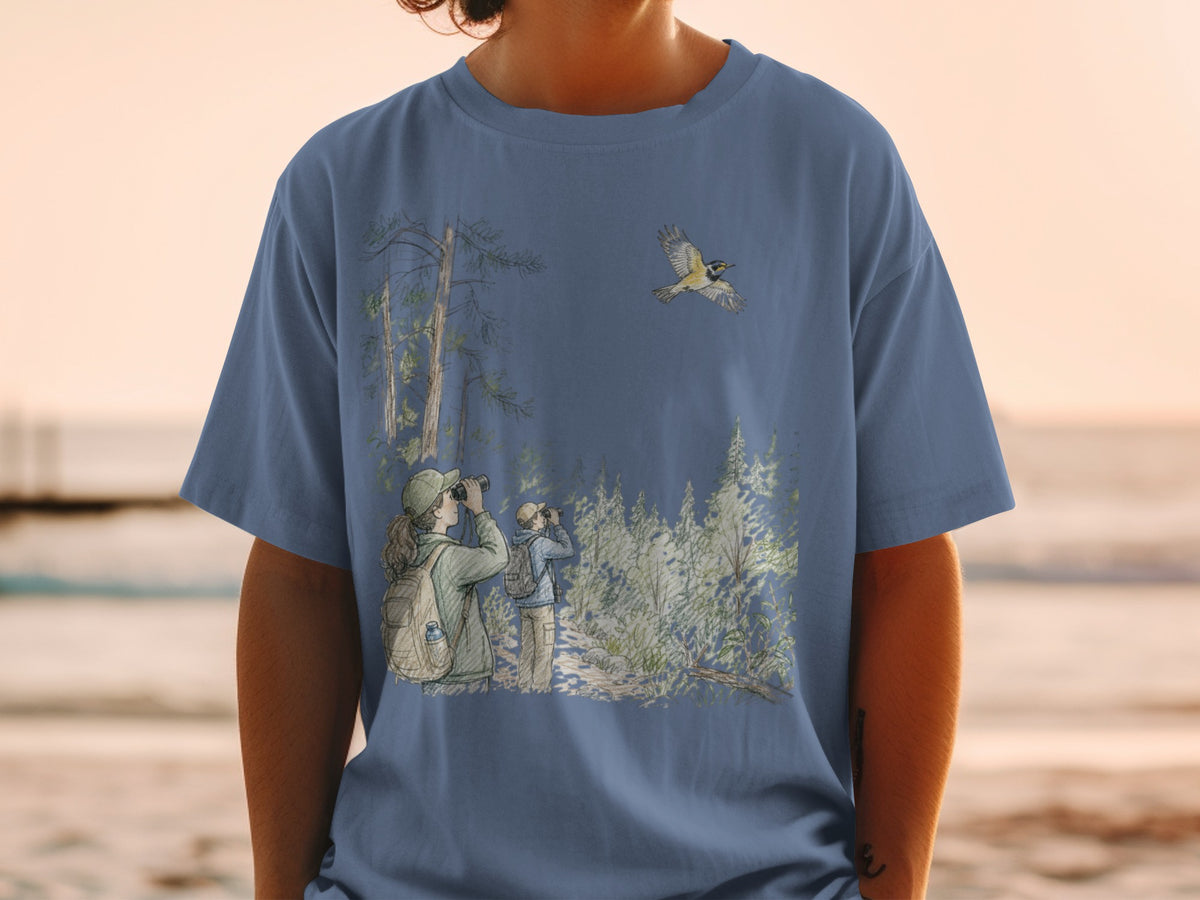 Two people birdwatching in a forest with a bird in flight.