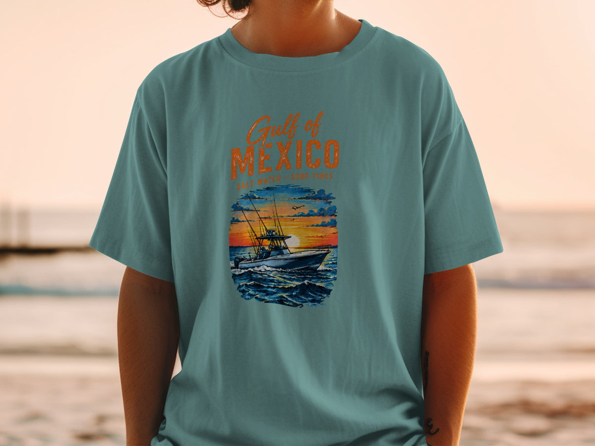 Gulf of Mexico t-shirt with a boat fishing at sunset graphic.