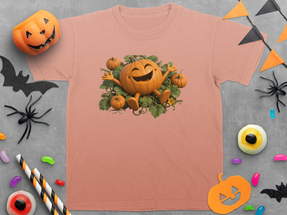 Peach t-shirt featuring a happy pumpkin character with small pumpkins and leaves.