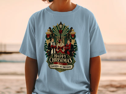Happy Christmas Ritz carolers at the gate graphic on a light blue t-shirt.