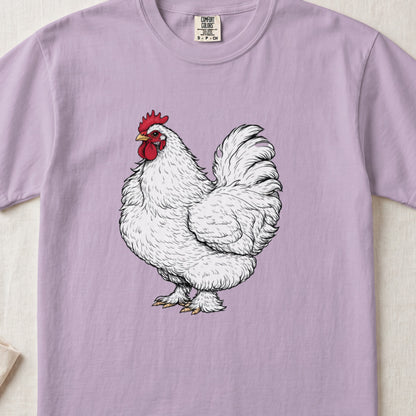 Light purple t-shirt featuring a detailed black-and-white graphic of a white rooster with a red comb.