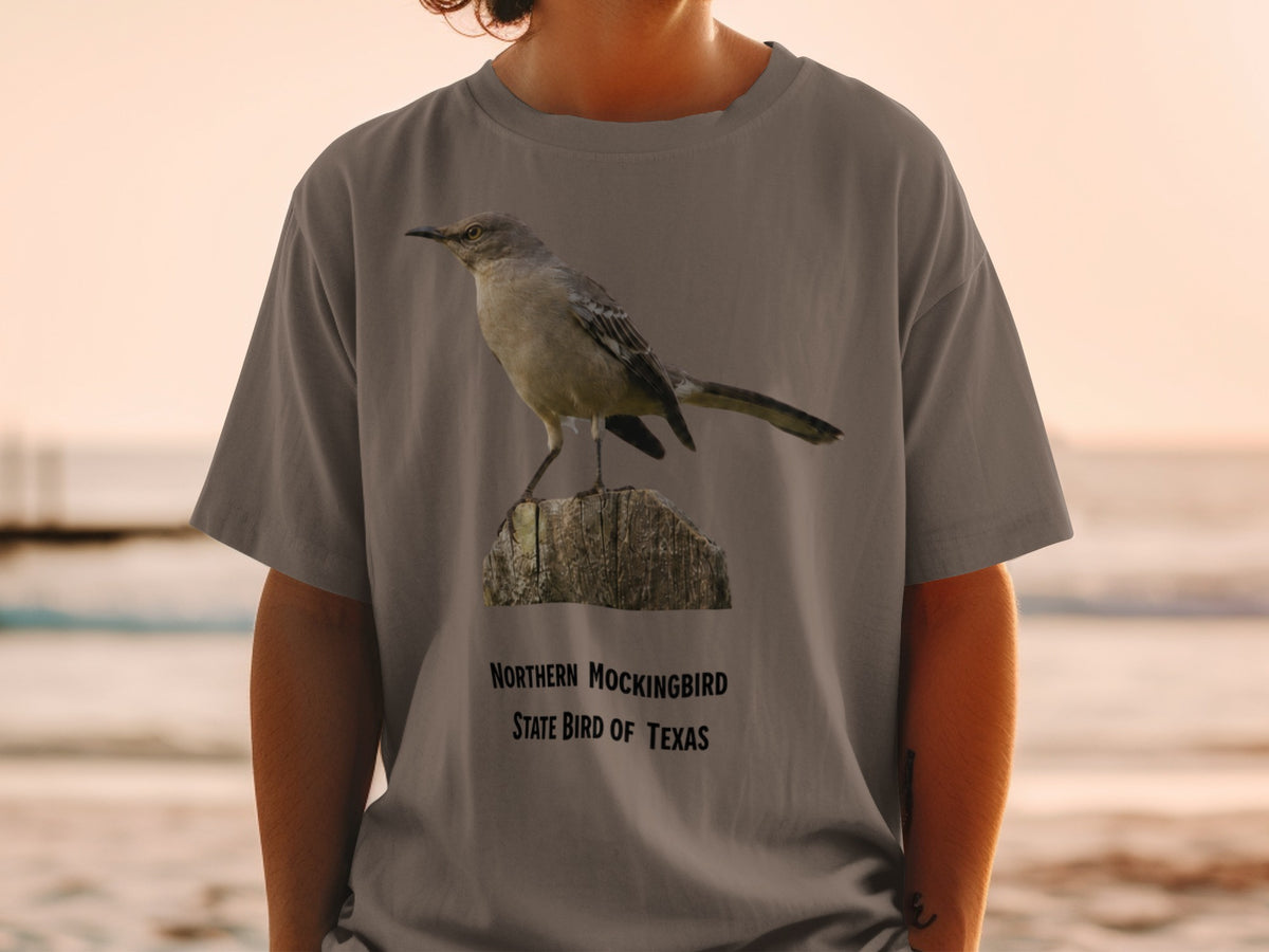 T-shirt with Northern Mockingbird and State Bird of Texas text.